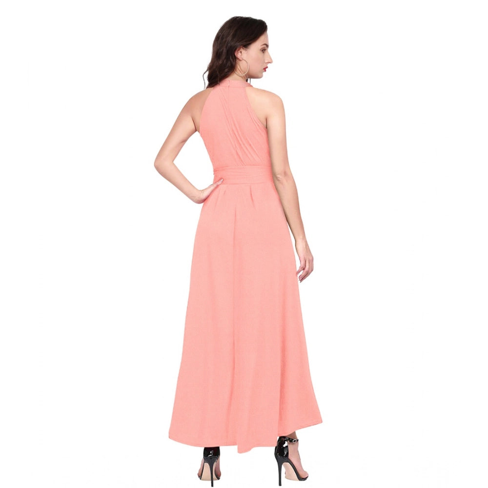 Vaystra Polyster Solid Halter Neck Sleeveless Dress – Peach