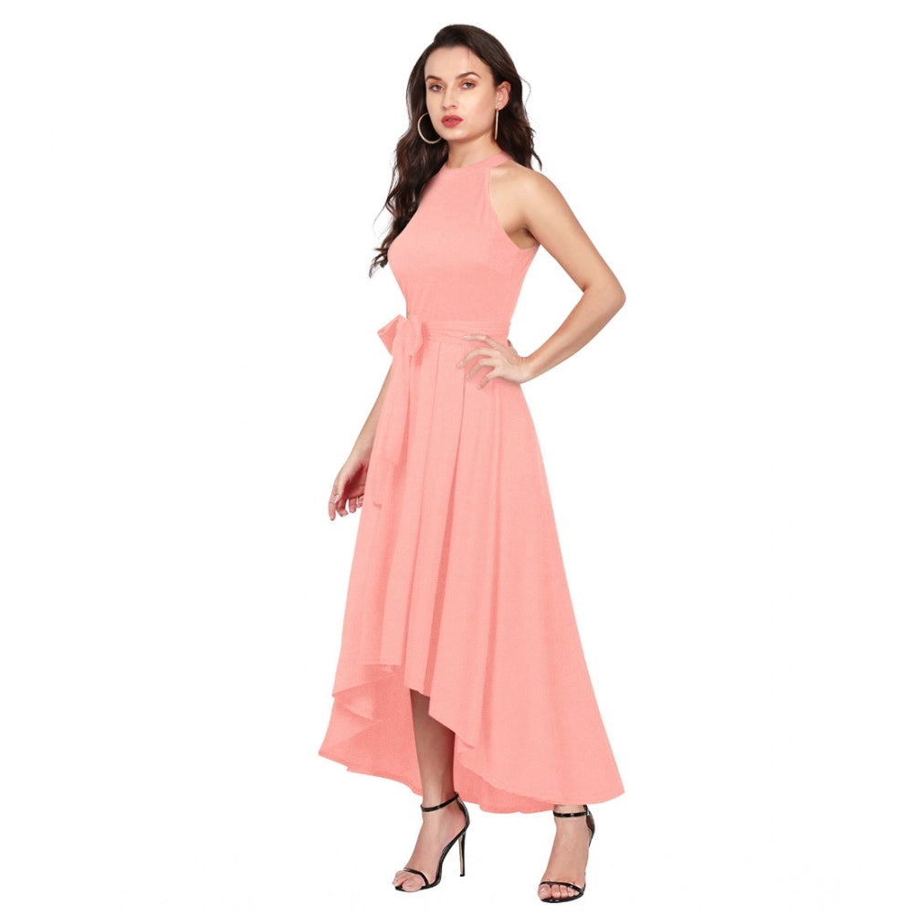 Vaystra Polyster Solid Halter Neck Sleeveless Dress – Peach