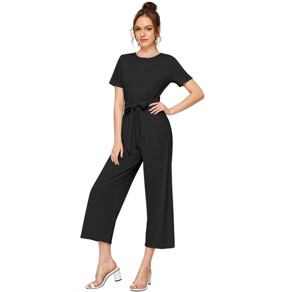Vaystra Knitting stretchable Solid Round Neck Cap Sleeve Jumpsuit – Black