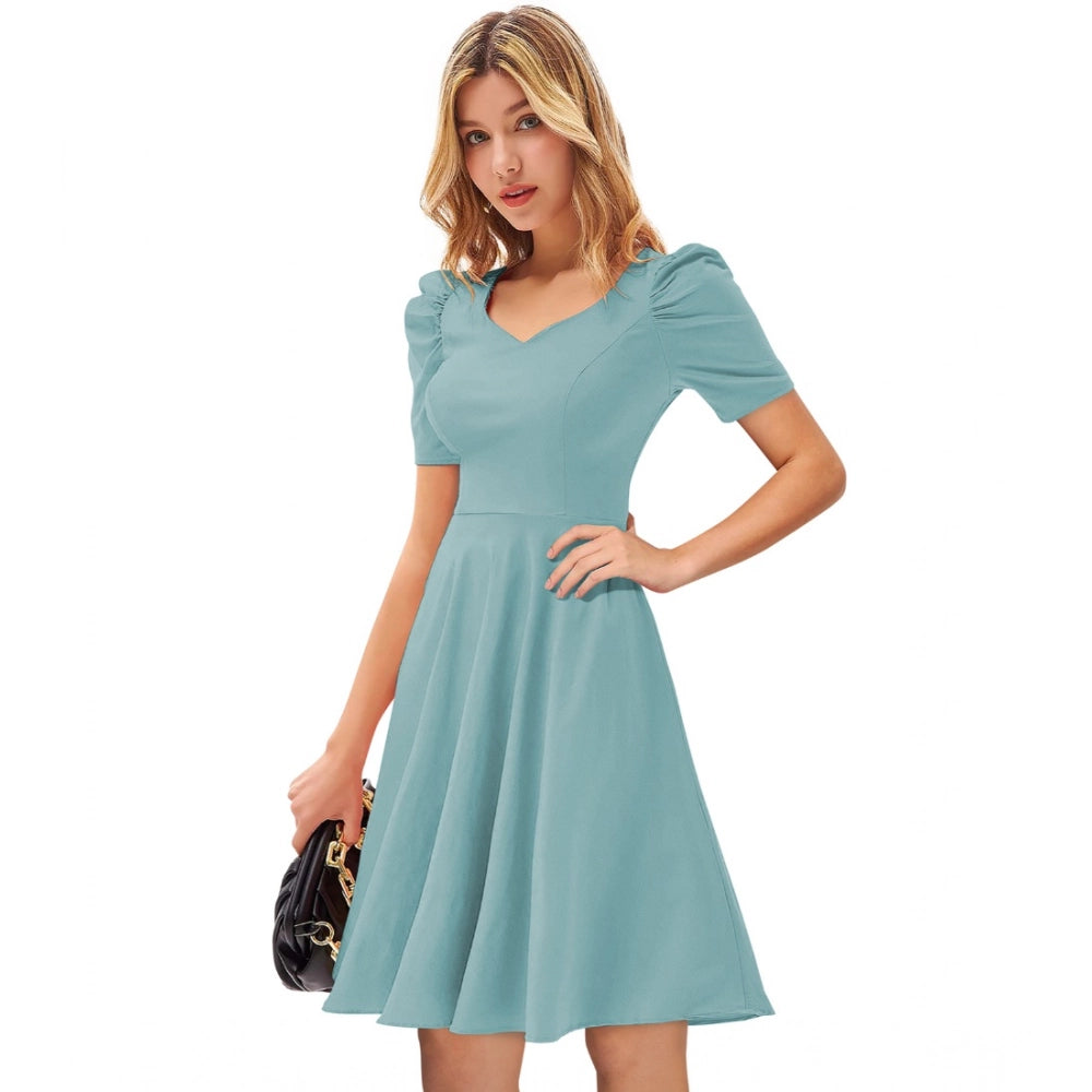 Vaystra Knitting stretchable Solid V Neck Cap Sleeve Dress – Pista