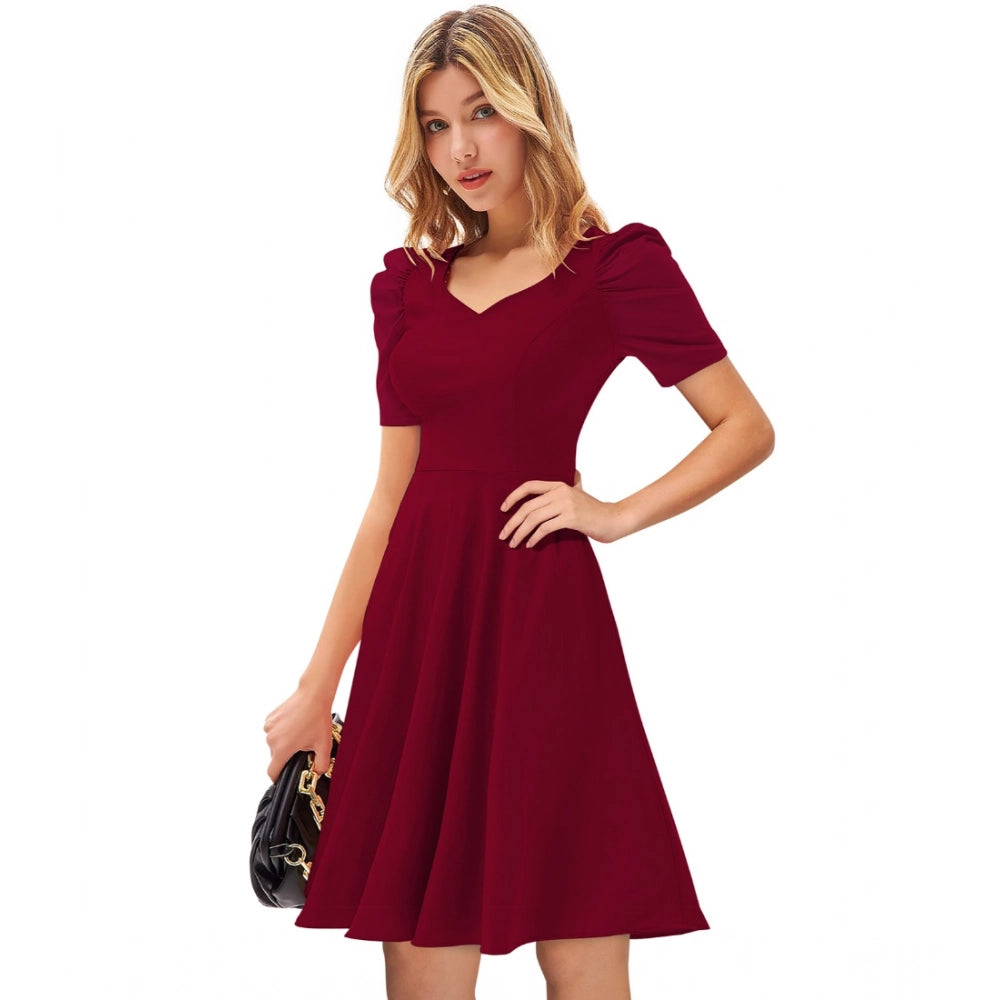 Vaystra Knitting stretchable Solid V Neck Cap Sleeve Dress – Maroon