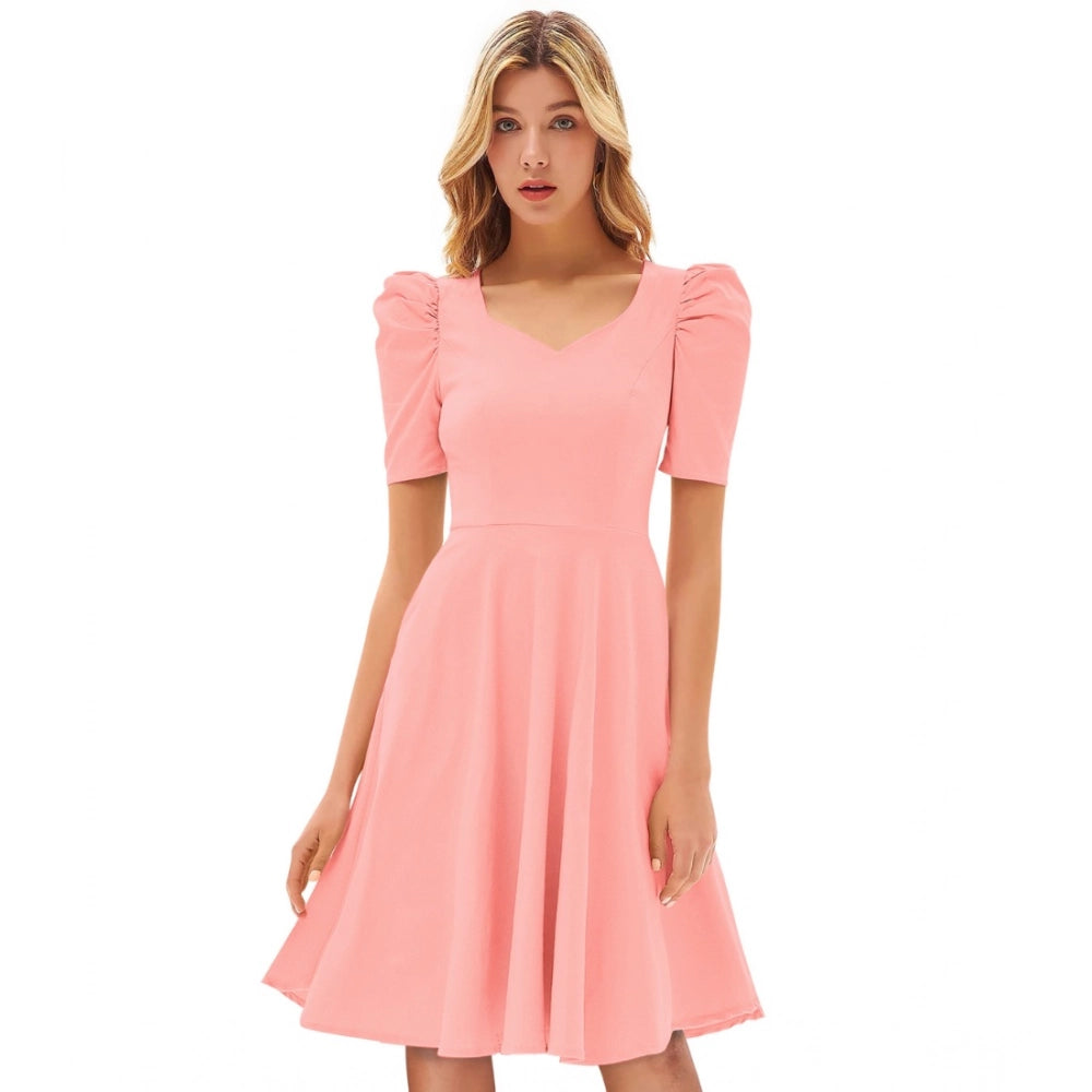 Vaystra Knitting stretchable Solid V Neck Cap Sleeve Dress – Peach