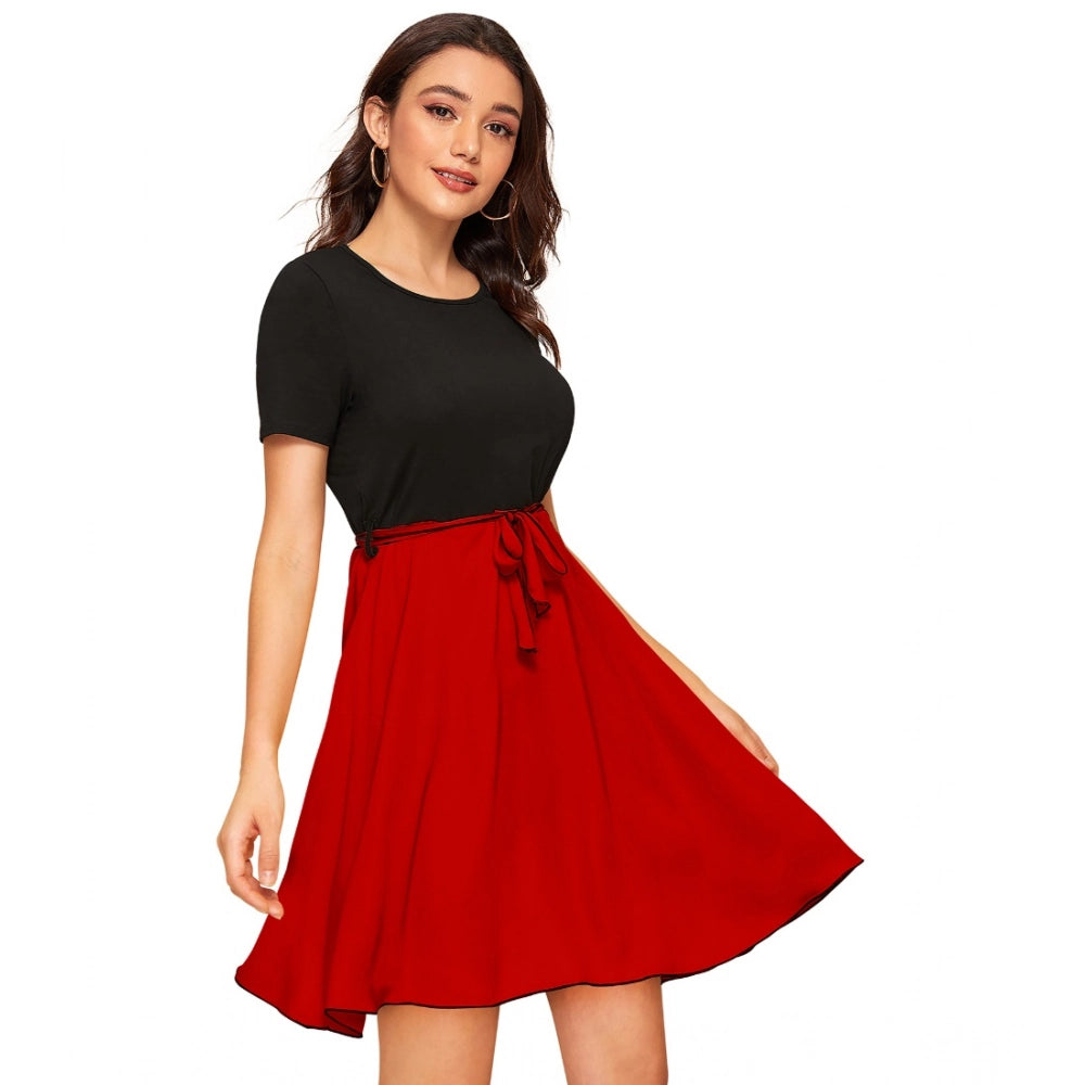 Vaystra Knitting stretchable Solid Round Neck Cap Sleeve Dress – Red