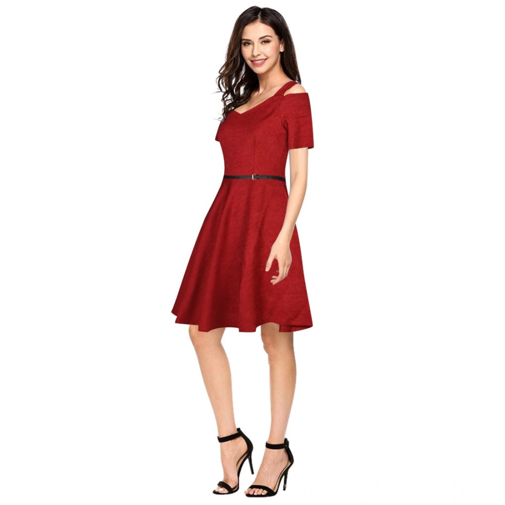 Vaystra Polyester Solid V Neck Cap Sleeve Dress – Maroon