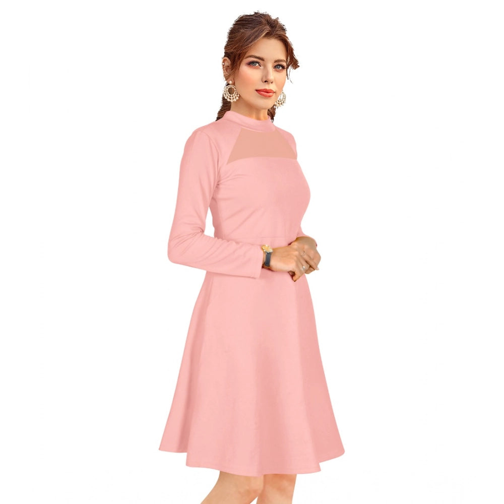 Vaystra Knitting stretchable Solid Round Neck Full Sleeve Dress – Peach