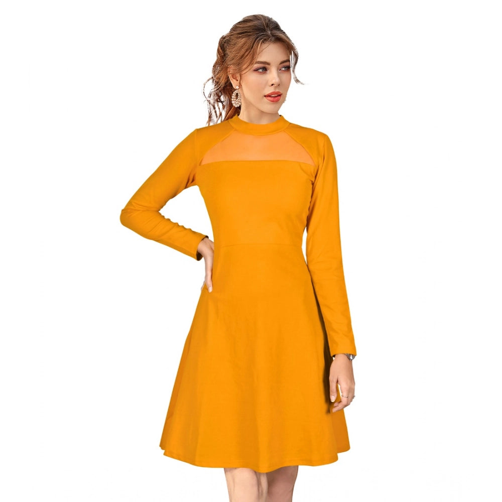 Vaystra Knitting stretchable Solid Round Neck Full Sleeve Dress – Yellow