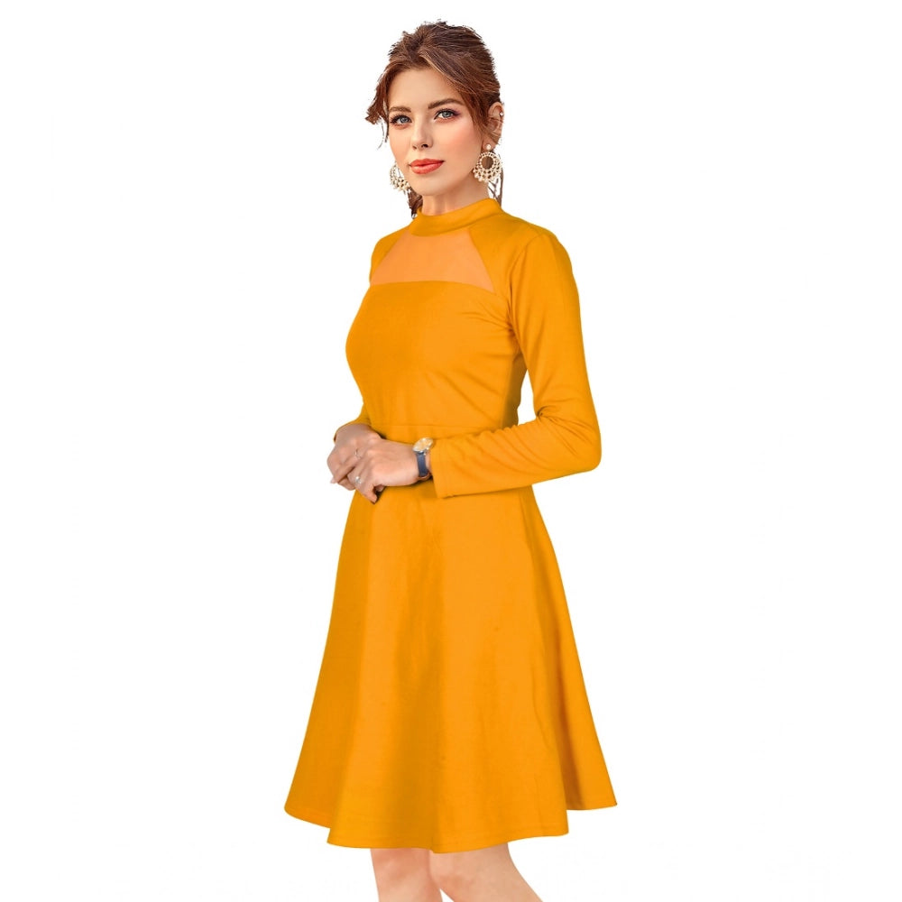 Vaystra Knitting stretchable Solid Round Neck Full Sleeve Dress – Yellow