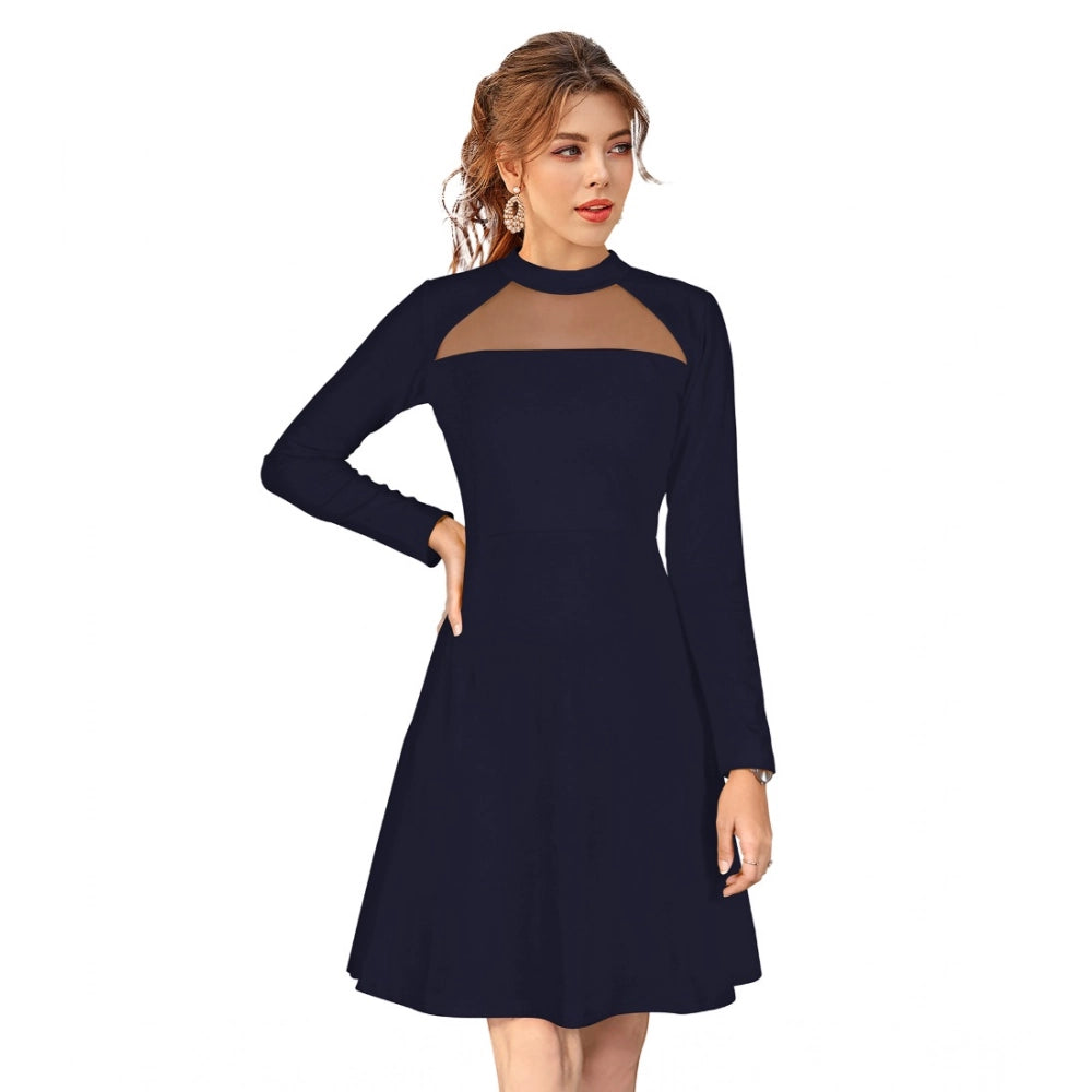 Vaystra Knitting stretchable Solid Round Neck Full Sleeve Dress – Blue