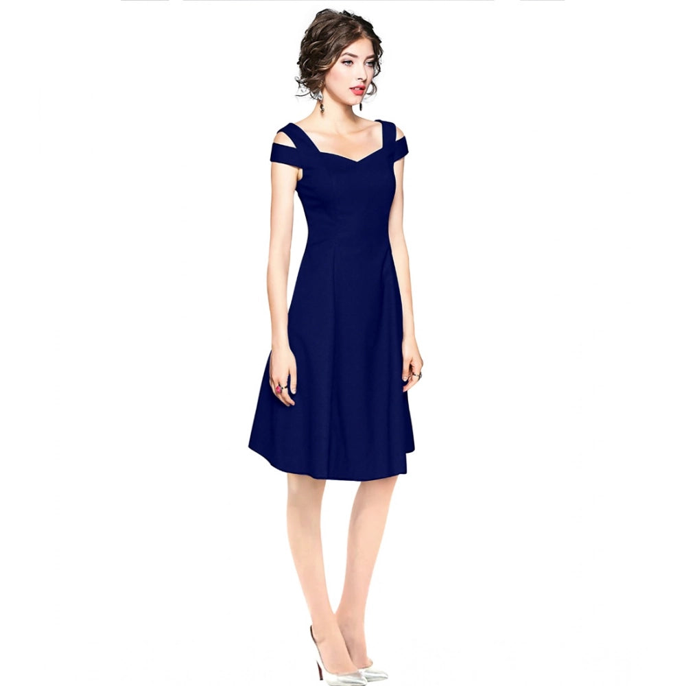 Vaystra Polyester Solid V Neck Cap Sleeve off Shoulder Dress – Blue