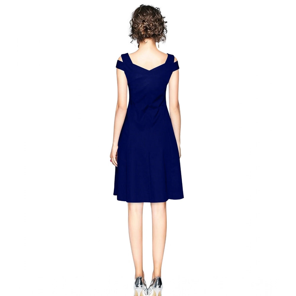 Vaystra Polyester Solid V Neck Cap Sleeve off Shoulder Dress – Blue
