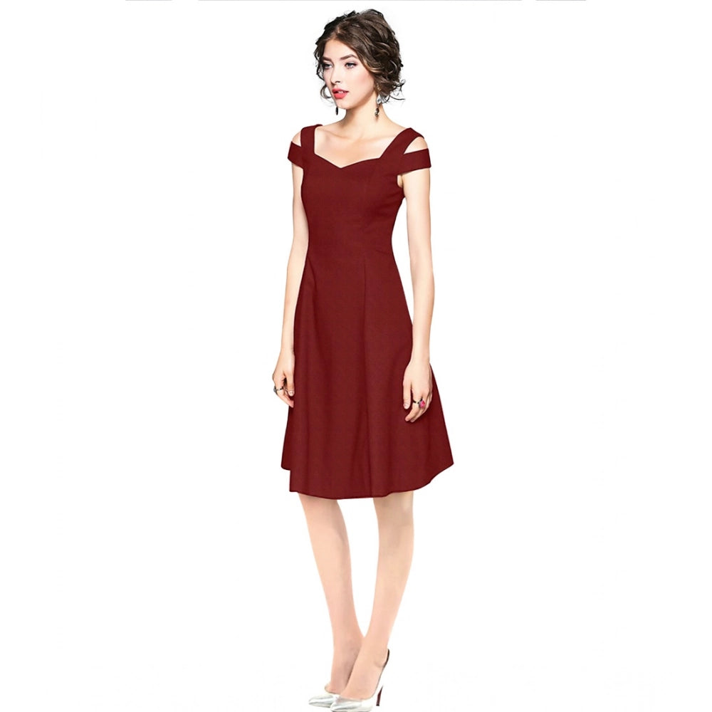 Vaystra Polyester Solid V Neck Cap Sleeve off Shoulder Dress – Maroon