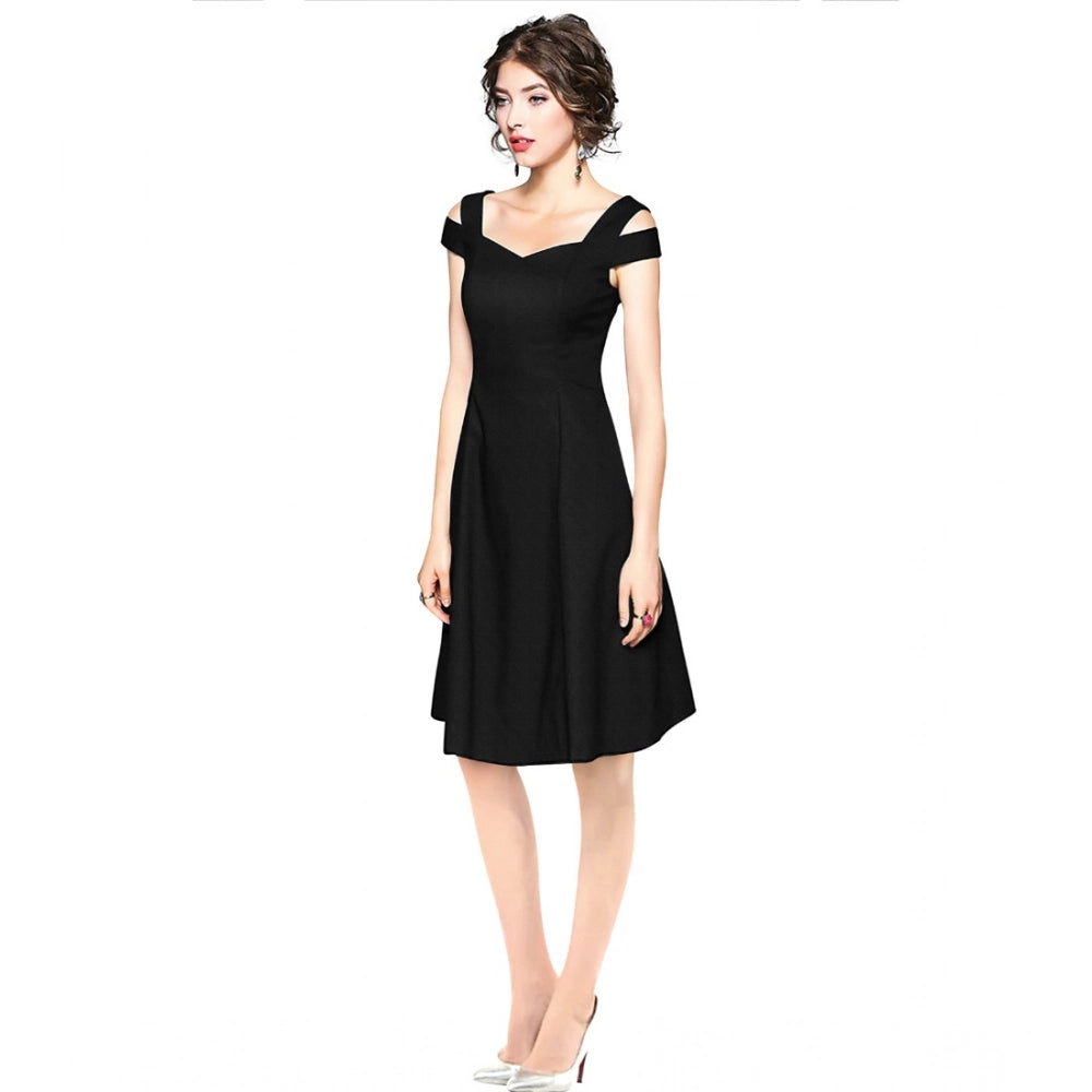 Vaystra Polyester Solid V Neck Cap Sleeve off Shoulder Dress – Black