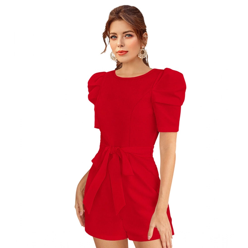 Vaystra Knitting stretchable Solid Round Neck 3-4 Puff Sleeve Dress – Red