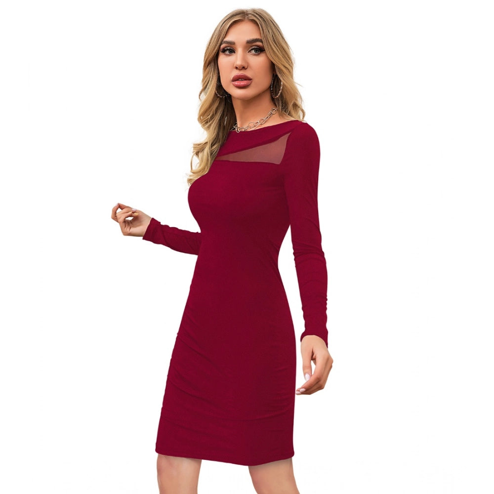 Vaystra Knitting stretchable Solid Round Neck Full Sleeve Dress – Maroon