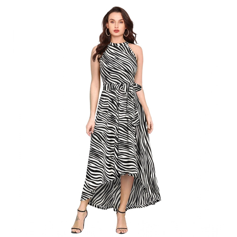Vaystra Polyester Zebra Pattern Halter Neck Sleeveless Dress – White