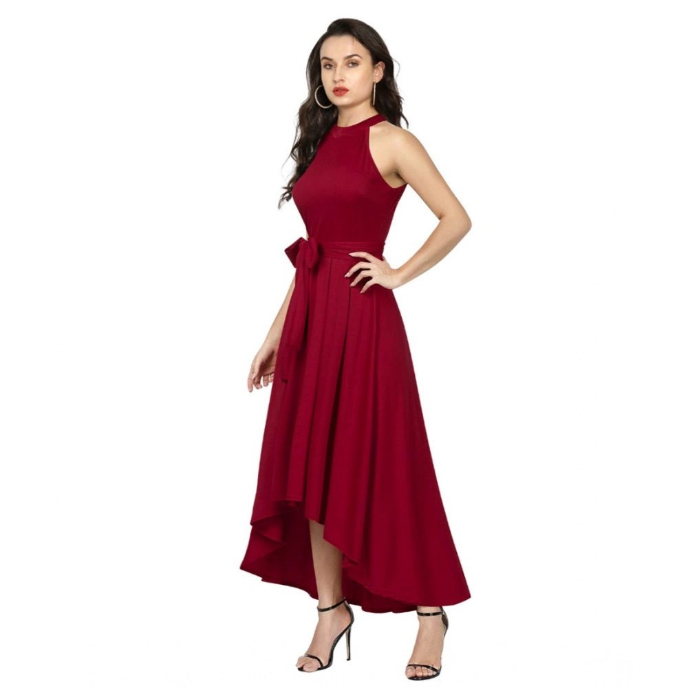 Vaystra Polyster Solid Halter Neck Sleeveless Dress – Maroon