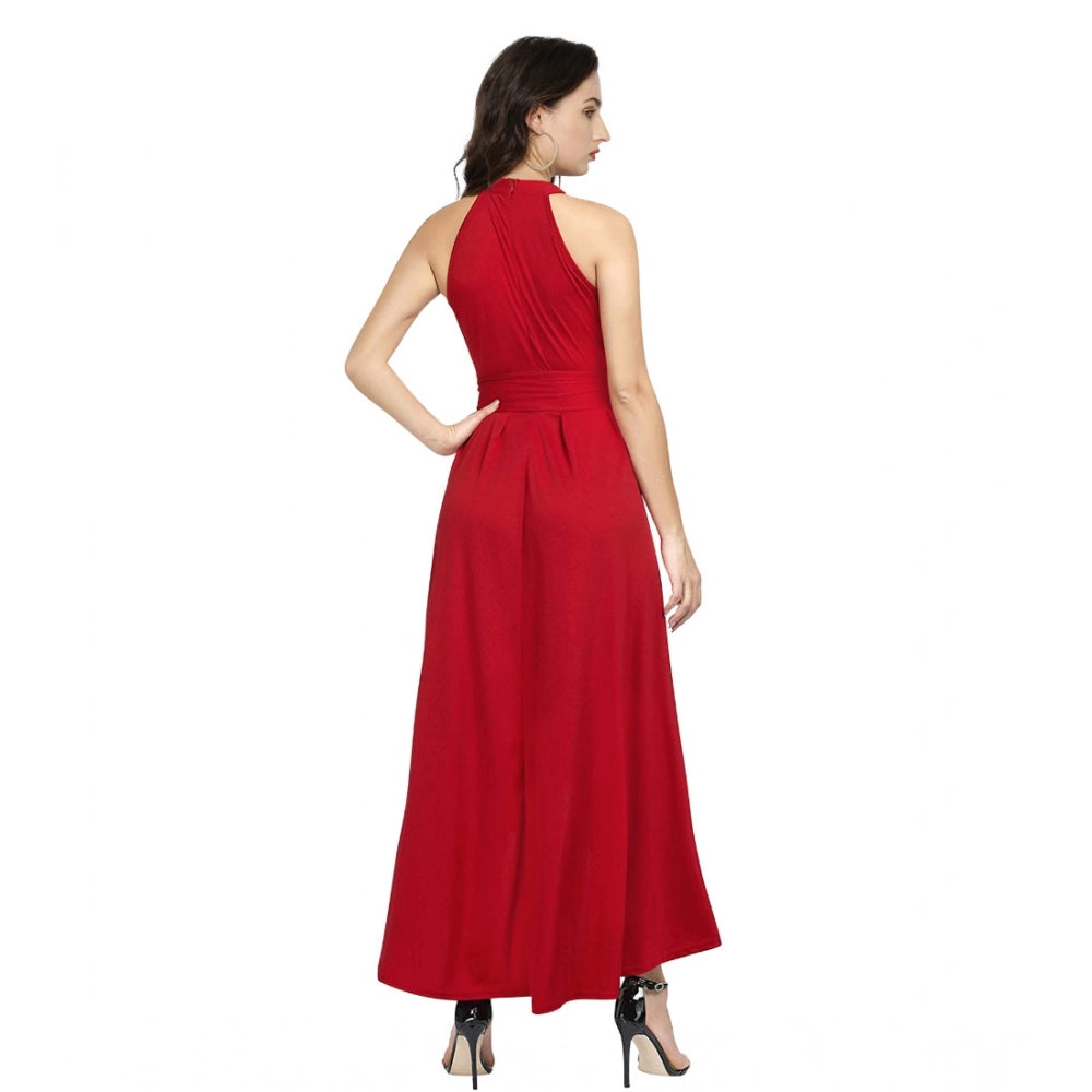 Vaystra Polyster Solid Halter Neck Sleeveless Dress – Red