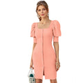 Vaystra Knitting stretchable Solid Square Neck 3-4 Puff Sleeve Dress – Peach