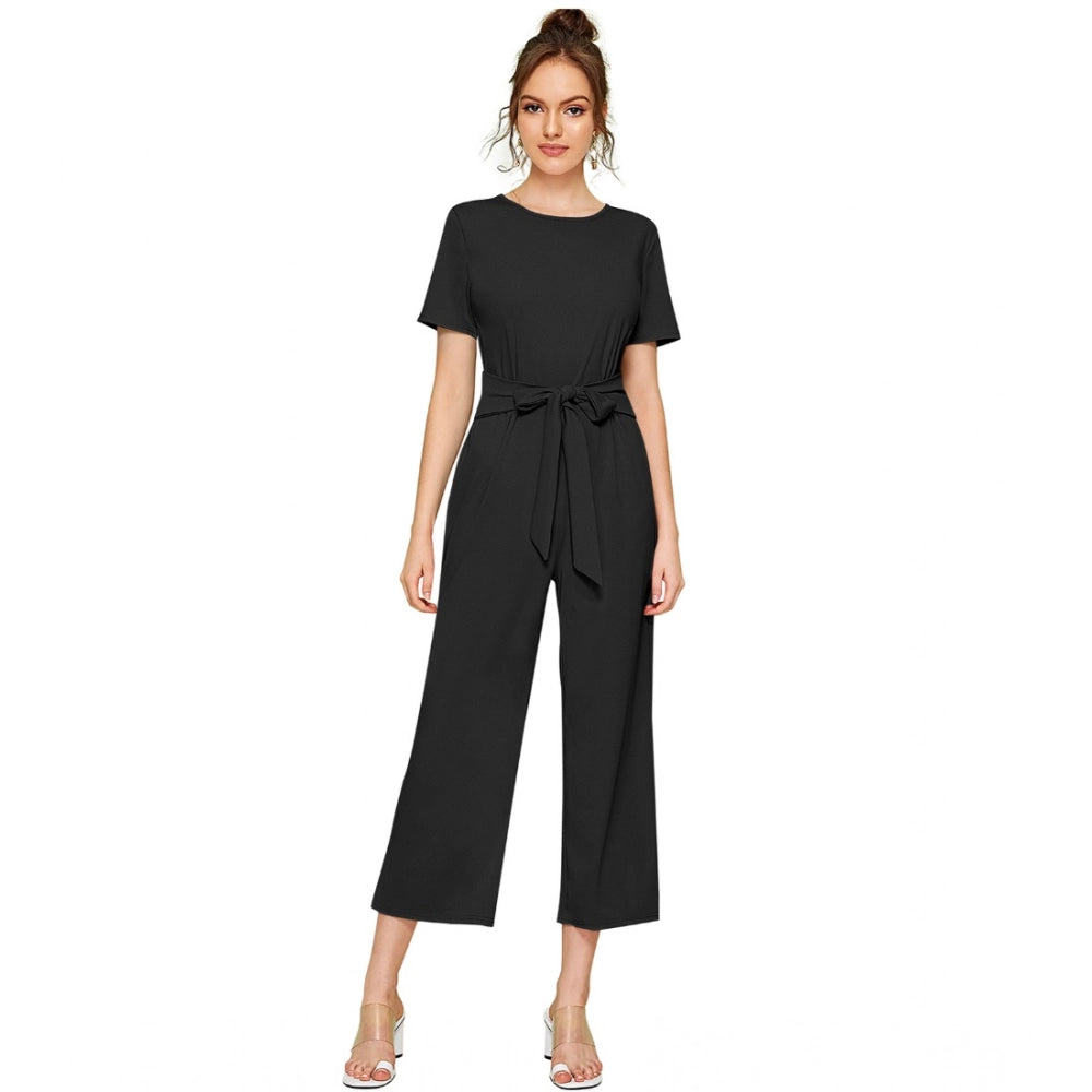 Vaystra Knitting stretchable Solid Round Neck Cap Sleeve Jumpsuit – Black