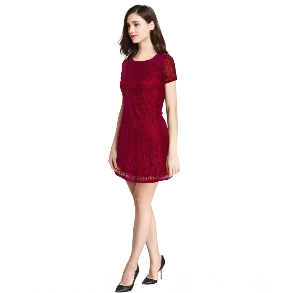Vaystra Rasal Solid Round Neck Cap Sleeve Dress – Maroon