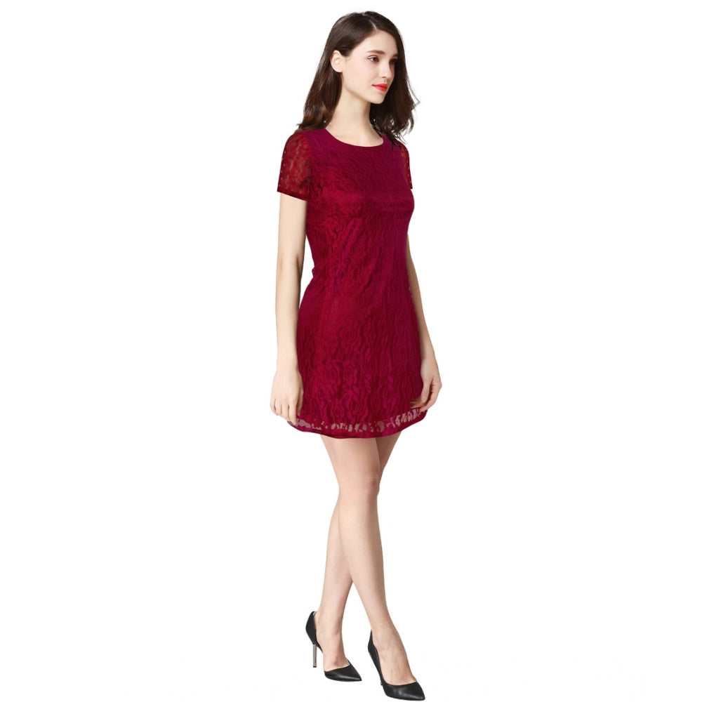 Vaystra Rasal Solid Round Neck Cap Sleeve Dress – Maroon