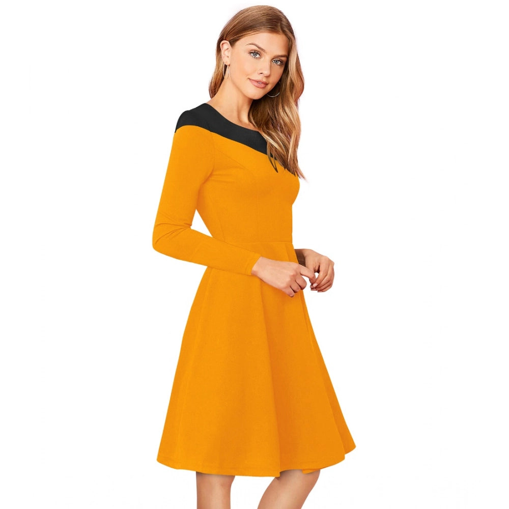Vaystra Knitting stretchable Solid Round Neck Full Sleeve Dress – Yellow