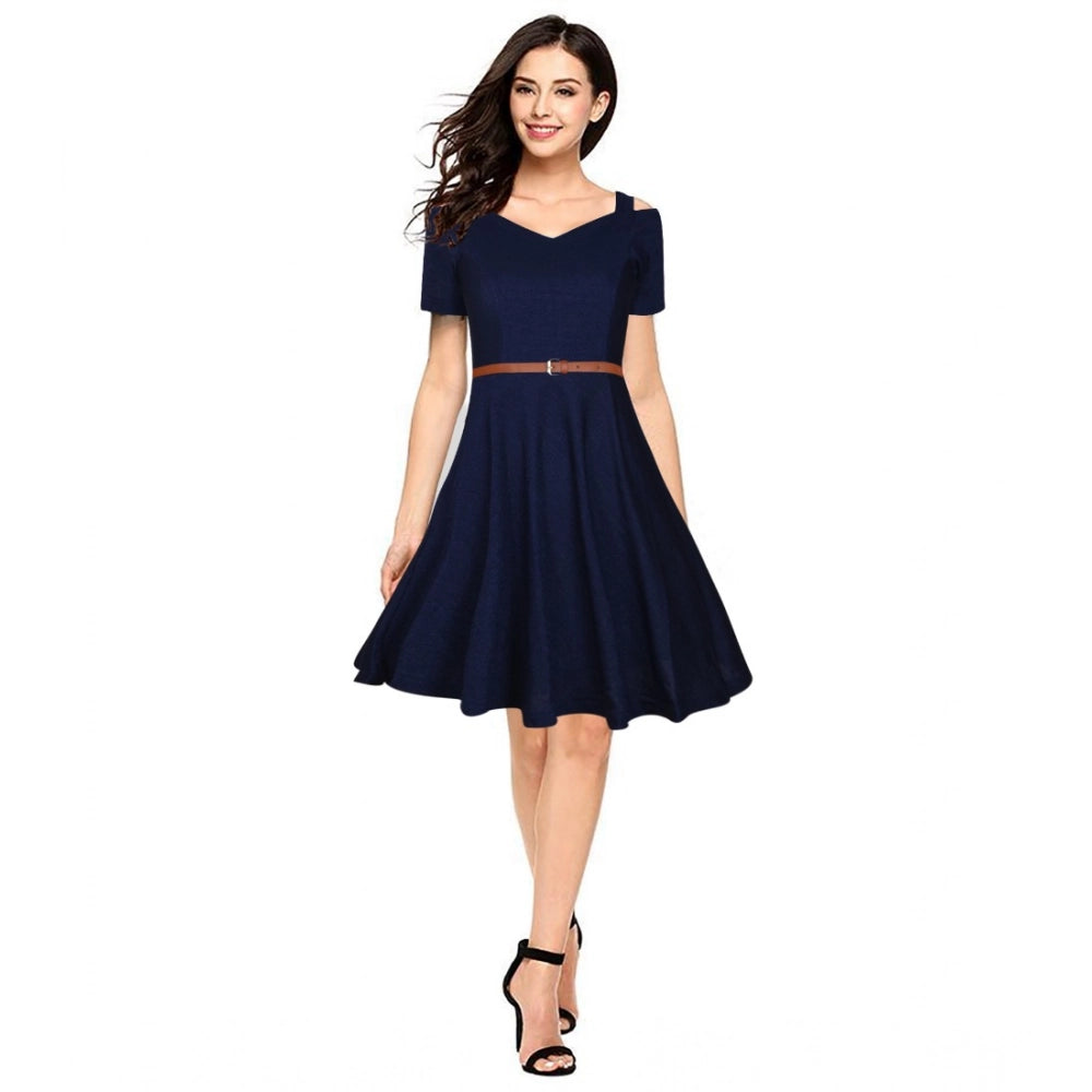 Vaystra Polyester Solid V Neck Cap Sleeve Dress – Blue
