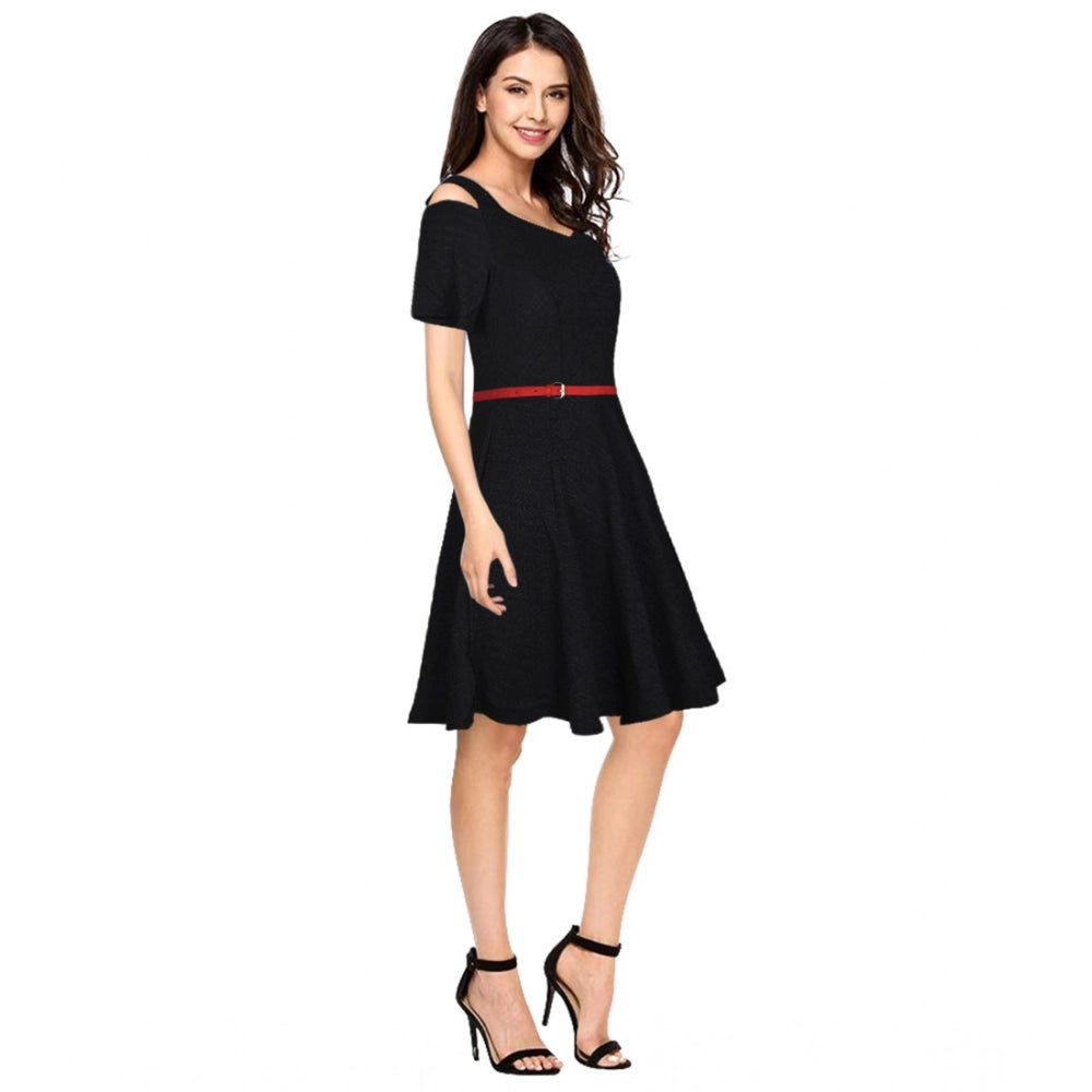 Vaystra Polyester Solid V Neck Cap Sleeve Dress – Black