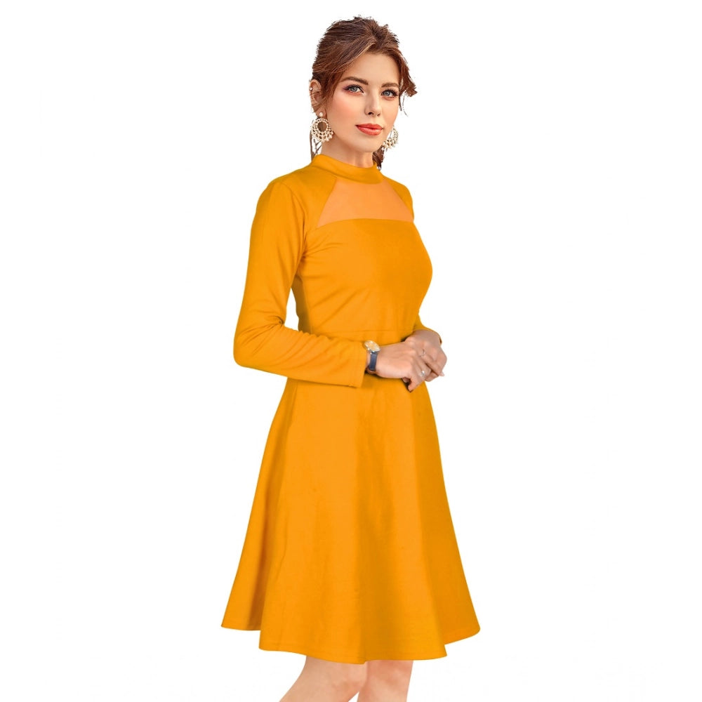 Vaystra Knitting stretchable Solid Round Neck Full Sleeve Dress – Yellow