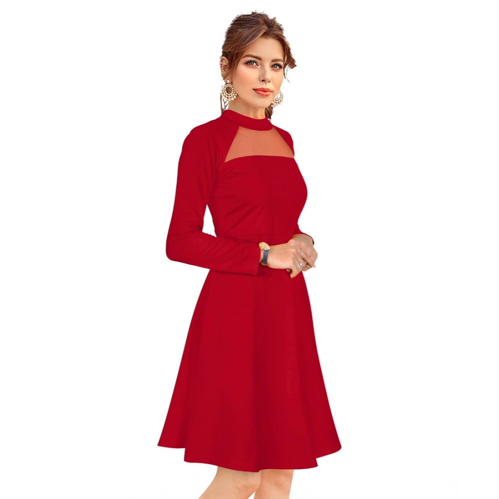 Vaystra Knitting stretchable Solid Round Neck Full Sleeve Dress – Red