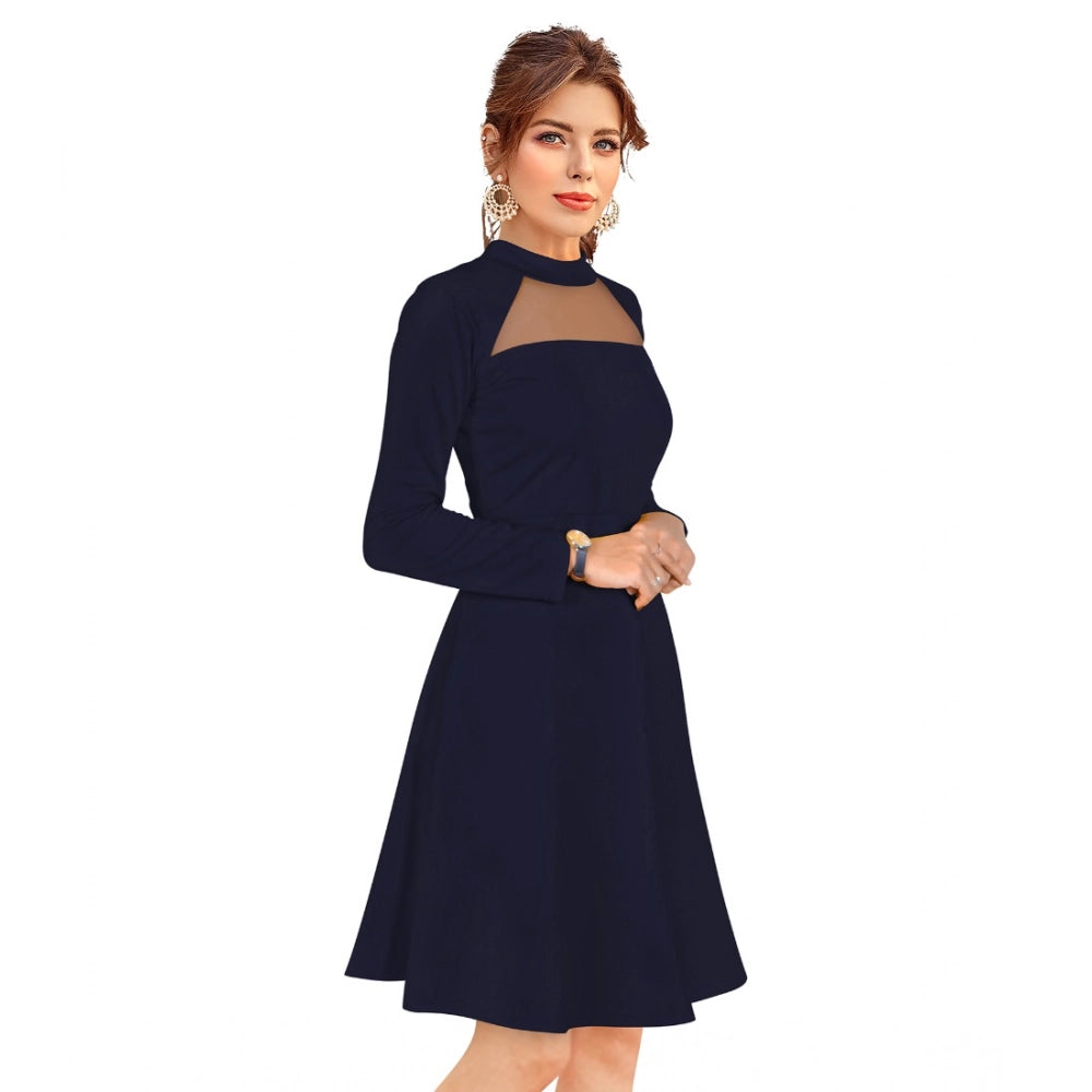 Vaystra Knitting stretchable Solid Round Neck Full Sleeve Dress – Blue