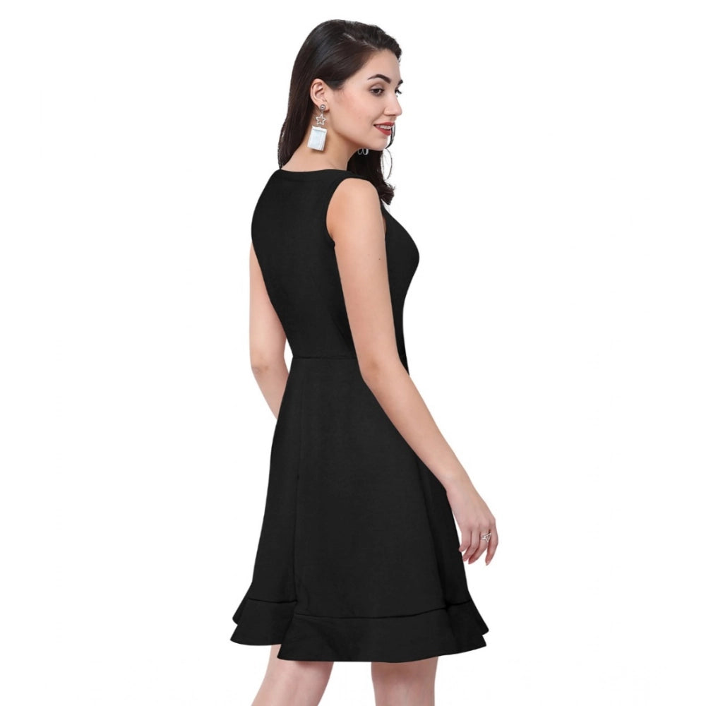 Vaystra Polyester Solid Round Neck Sleeveless Dress – Black