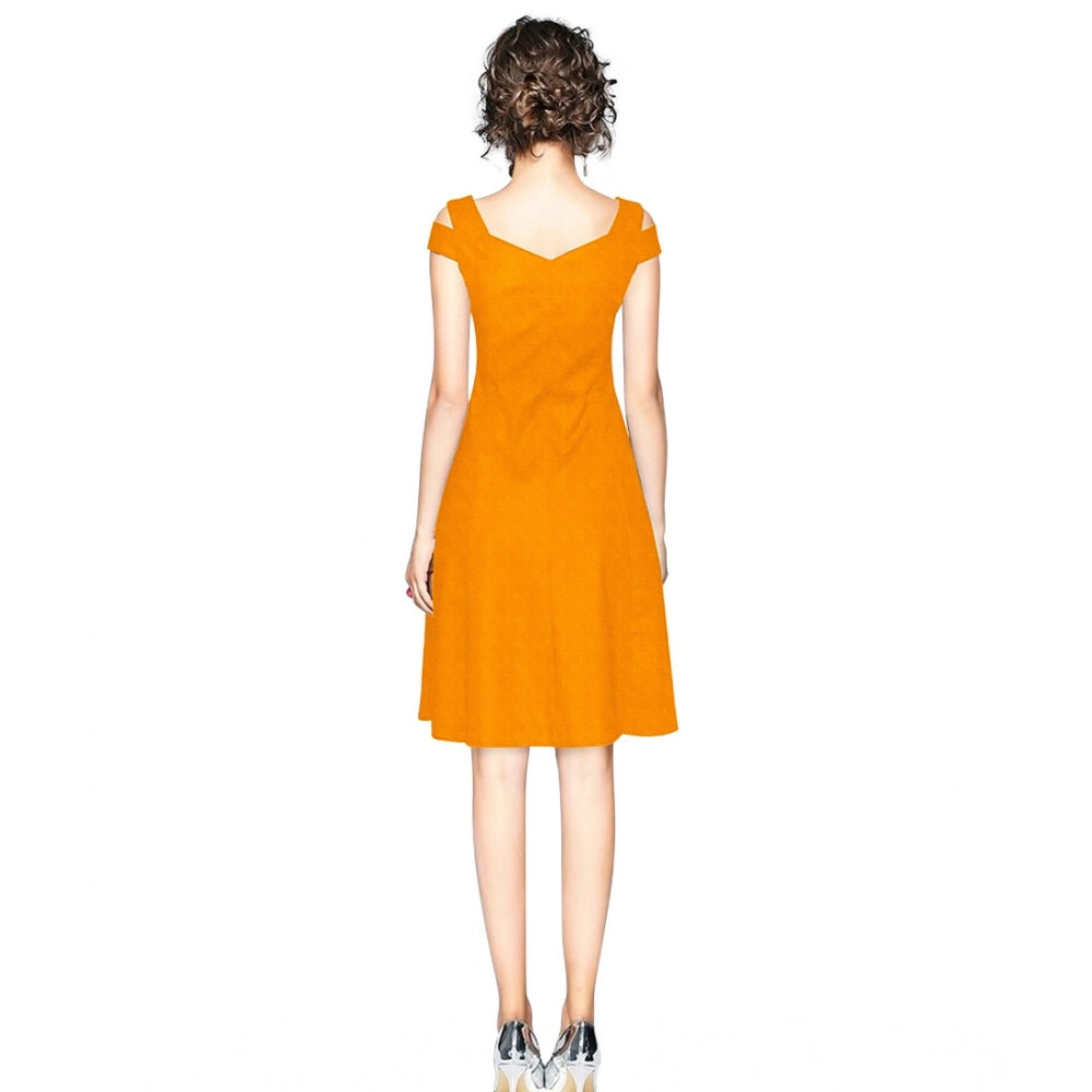Vaystra Polyester Solid V Neck Cap Sleeve off Shoulder Dress – Yellow