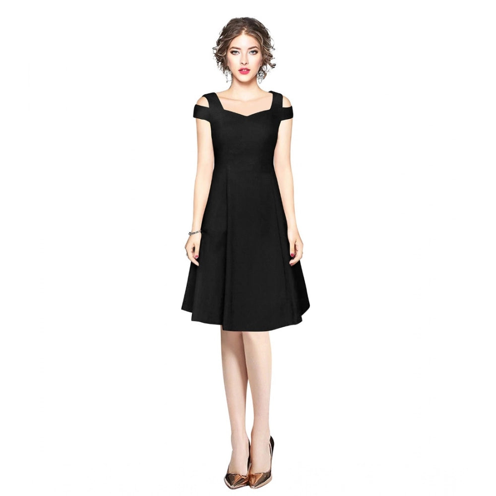 Vaystra Polyester Solid V Neck Cap Sleeve off Shoulder Dress – Black