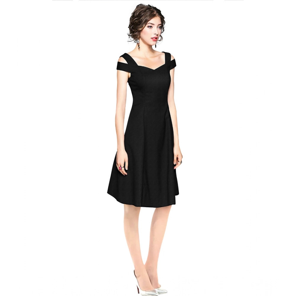 Vaystra Polyester Solid V Neck Cap Sleeve off Shoulder Dress – Black