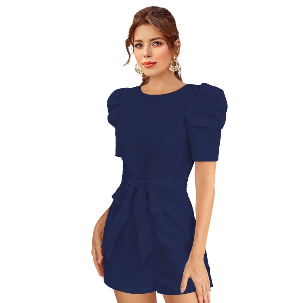 Vaystra Knitting stretchable Solid Round Neck 3-4 Puff Sleeve Dress – Blue