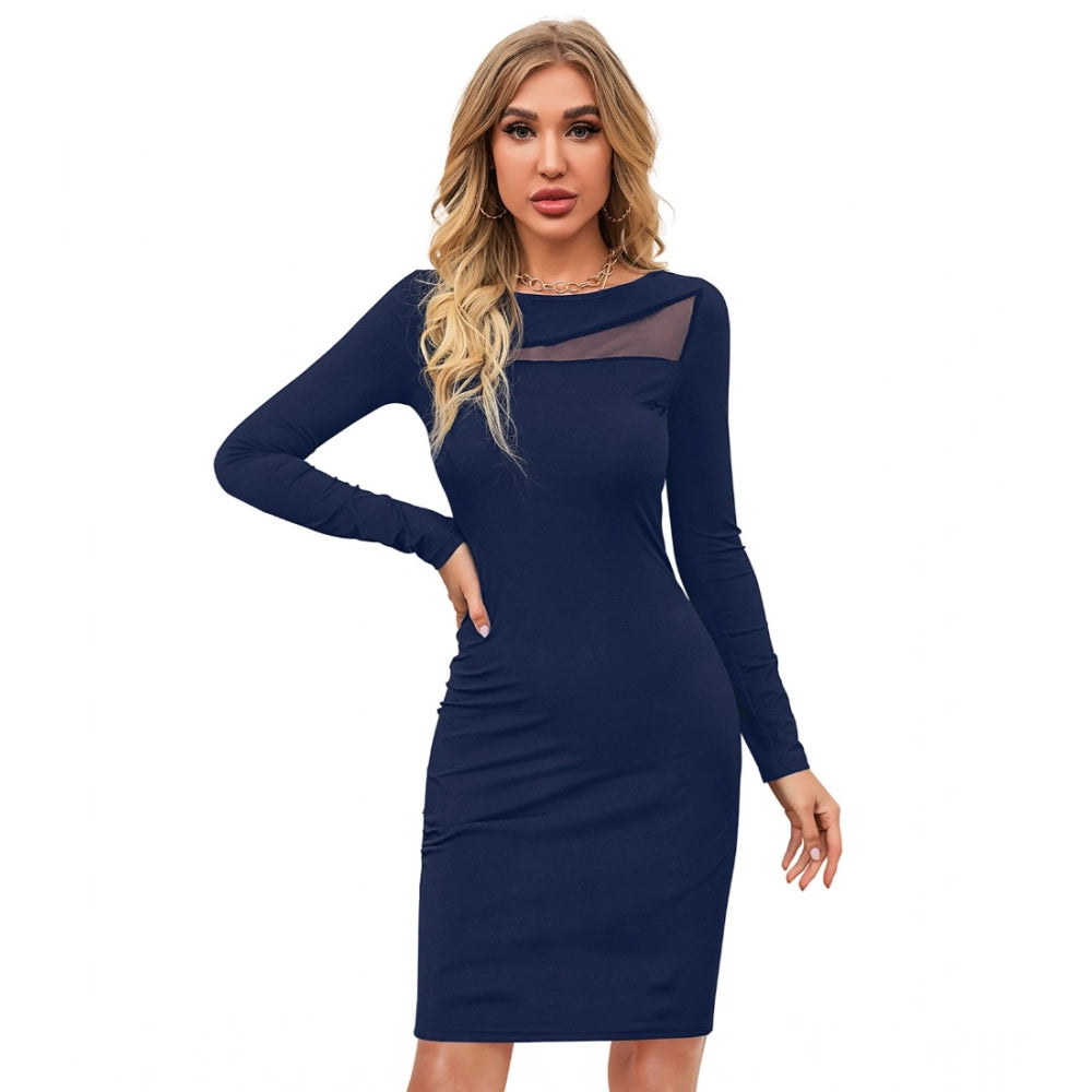 Vaystra Knitting stretchable Solid Round Neck Full Sleeve Dress – Blue