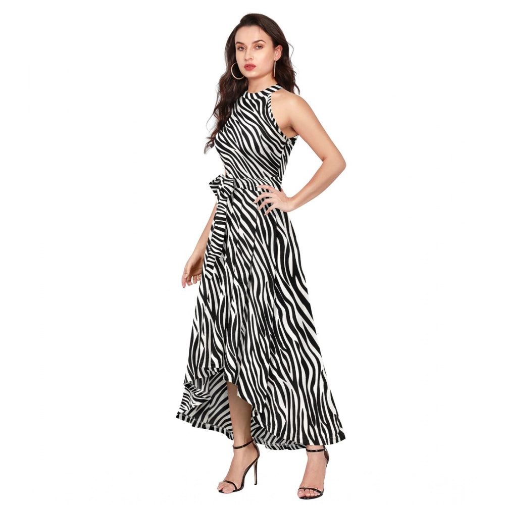 Vaystra Polyester Zebra Pattern Halter Neck Sleeveless Dress – White