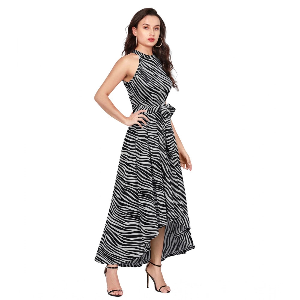 Vaystra Polyester Zebra Pattern Halter Neck Sleeveless Dress – Navy Blue