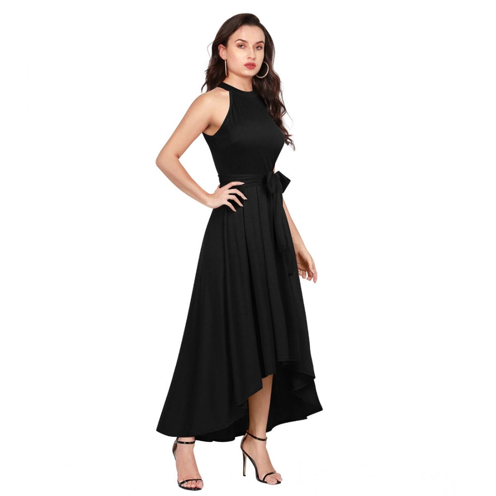 Vaystra Polyster Solid Halter Neck Sleeveless Dress – Black