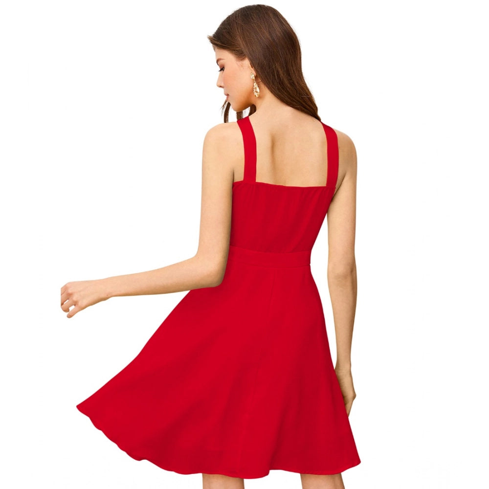 Vaystra Knitting stretchable Solid Halter Neck Sleeveless Dress – Red