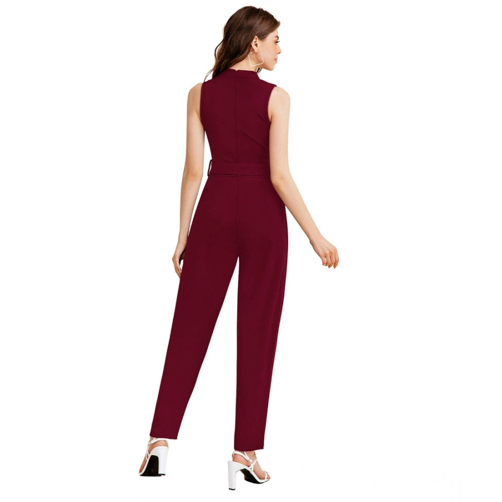 Vaystra Knitting stretchable Solid Round Neck Sleeveless Jumpsuit – Maroon