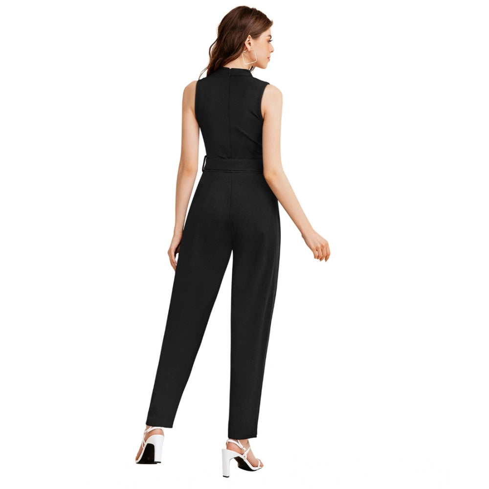 Vaystra Knitting stretchable Solid Round Neck Sleeveless Jumpsuit – Black