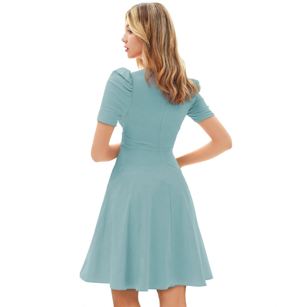 Vaystra Knitting stretchable Solid V Neck Cap Sleeve Dress – Pista