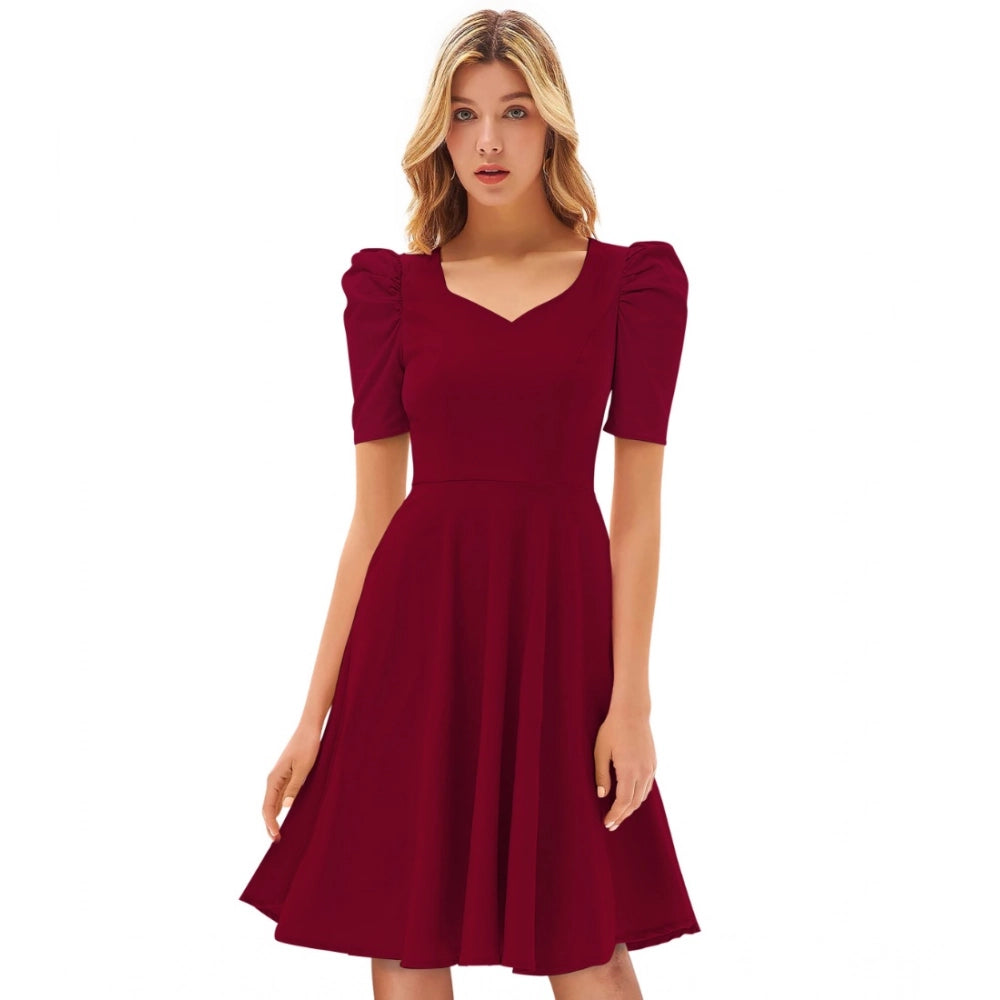 Vaystra Knitting stretchable Solid V Neck Cap Sleeve Dress – Maroon