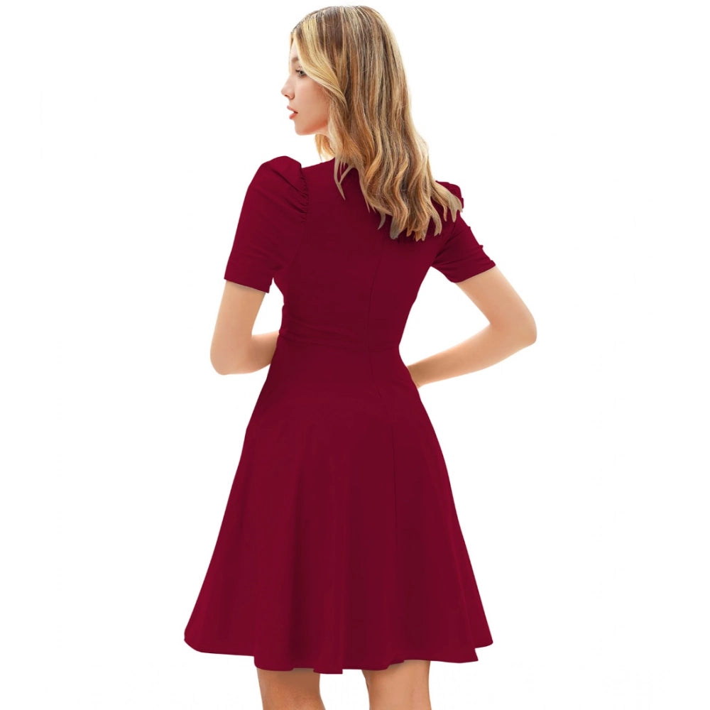 Vaystra Knitting stretchable Solid V Neck Cap Sleeve Dress – Maroon