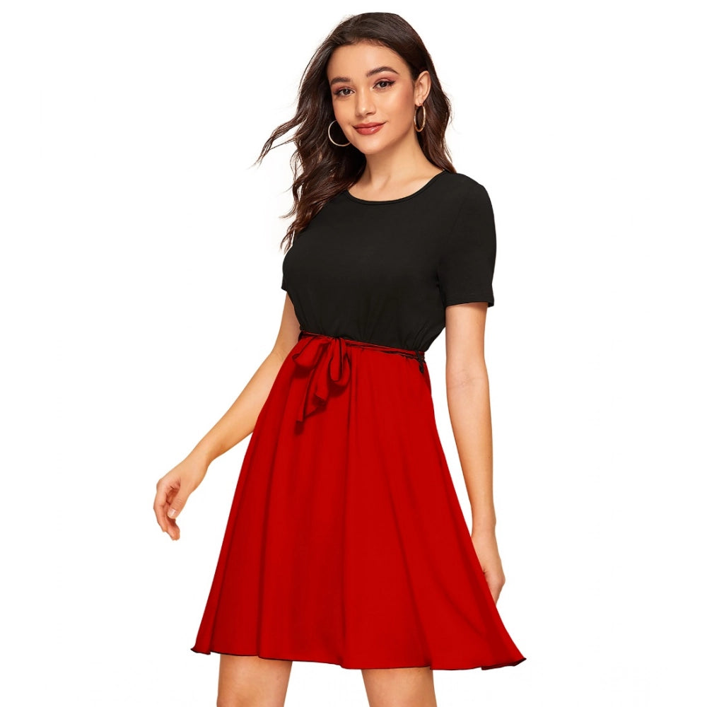 Vaystra Knitting stretchable Solid Round Neck Cap Sleeve Dress – Red