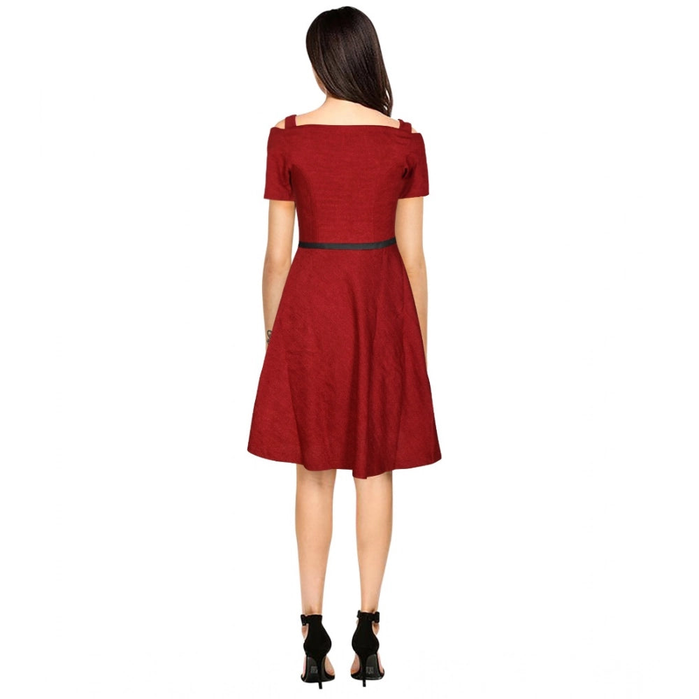 Vaystra Polyester Solid V Neck Cap Sleeve Dress – Maroon