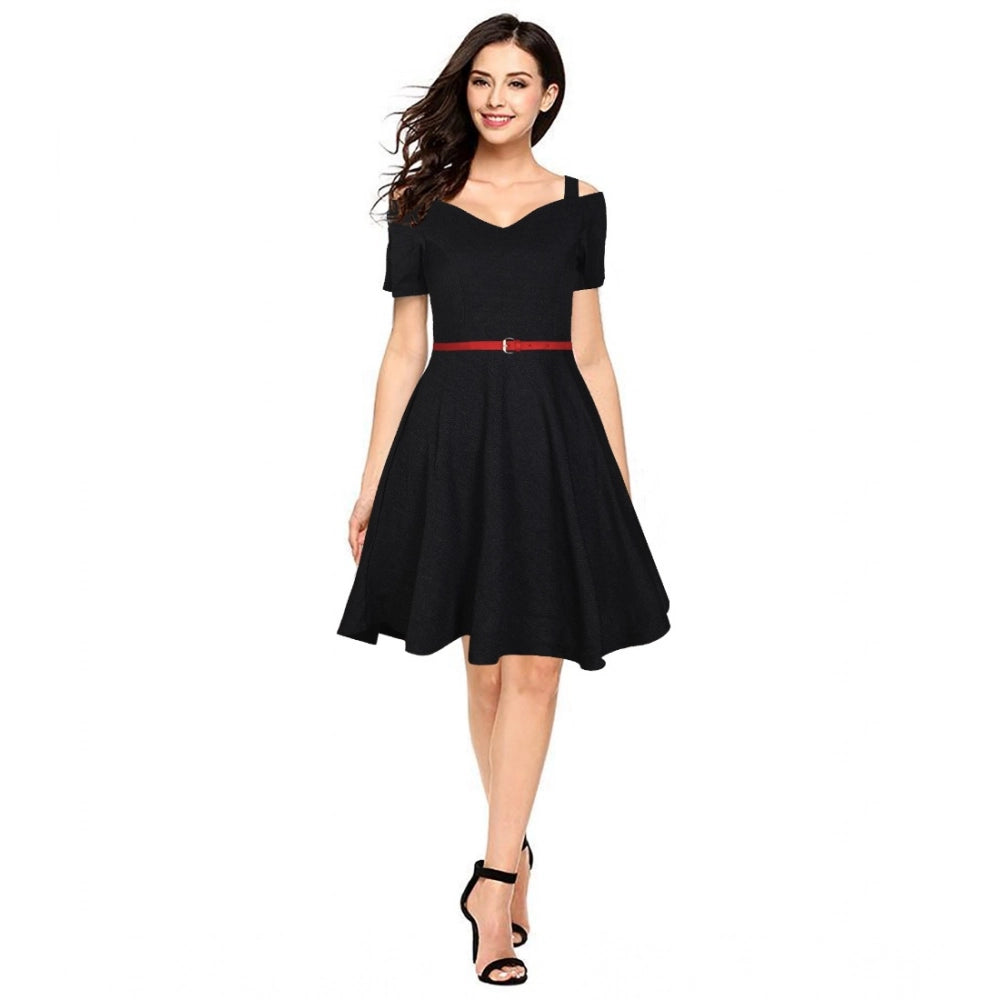 Vaystra Polyester Solid V Neck Cap Sleeve Dress – Black