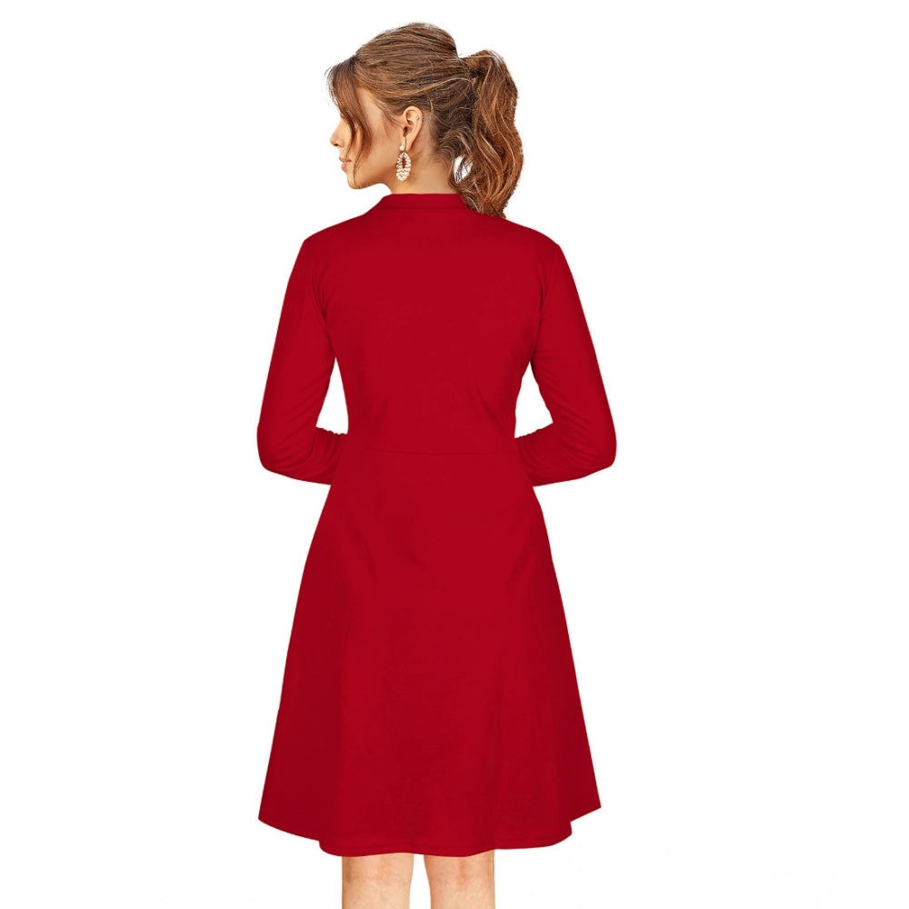 Vaystra Knitting stretchable Solid Round Neck Full Sleeve Dress – Red
